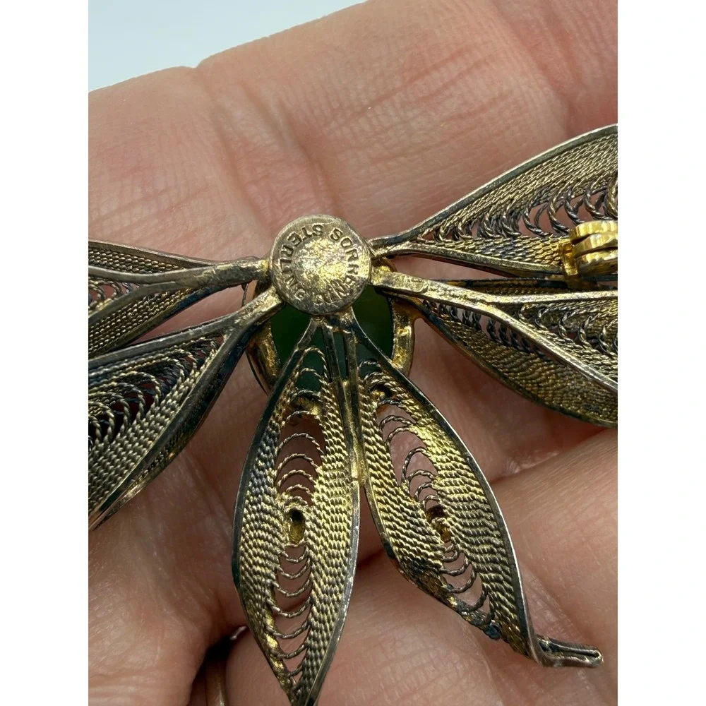 Sorrento Vintage Sterling Silver Gold Wash Filigree Jade Bow Brooch Pin